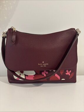 Kate Spade New York Melody Forest Floral leather Flap Shoulder Bag Purse Maroon